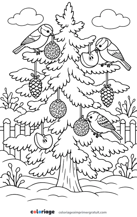 Coloriage sapin des oiseaux