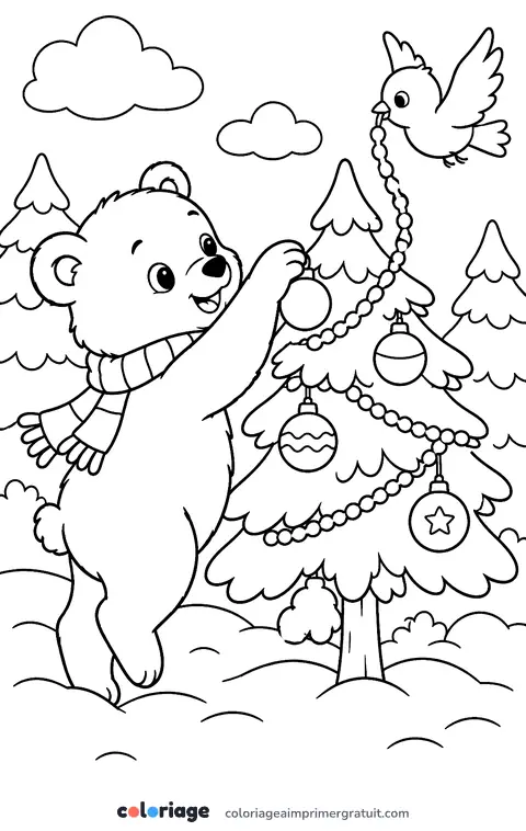 Coloriage l’ourson décore son sapin
