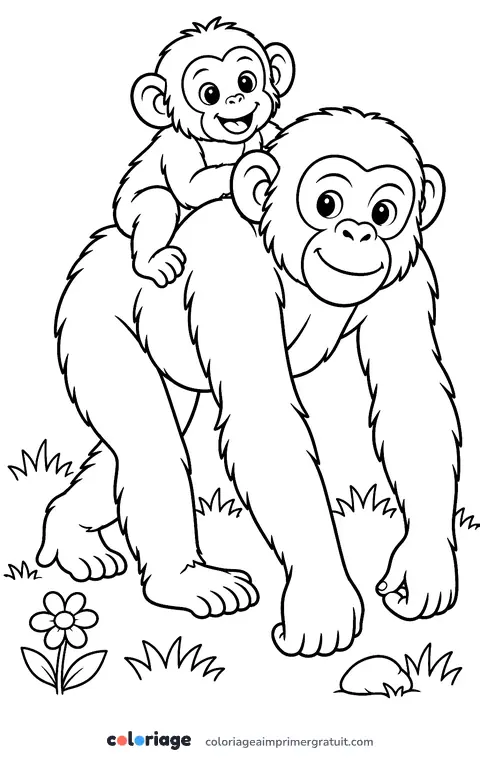 Coloriage petit chimpanzé sur le dos de sa maman