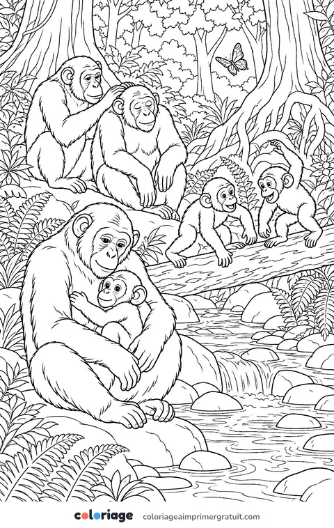 Coloriage famille de chimpanzés dans la forêt