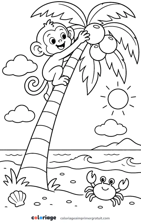 Coloriage singe dans le cocotier