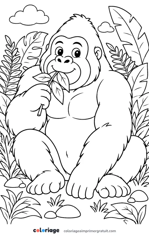 Coloriage gorille qui mange des feuilles