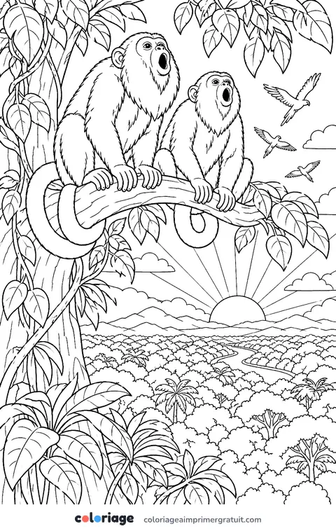 Coloriage singes hurleurs au lever du soleil