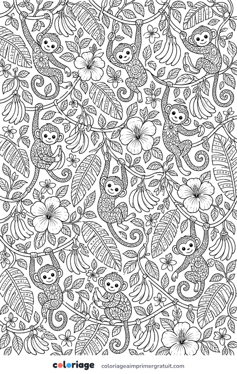 Coloriage motif de singes et de feuilles
