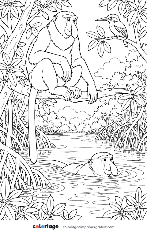 Coloriage nasique au bord de la rivière