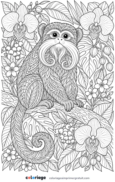 Coloriage tamarin empereur et orchidées