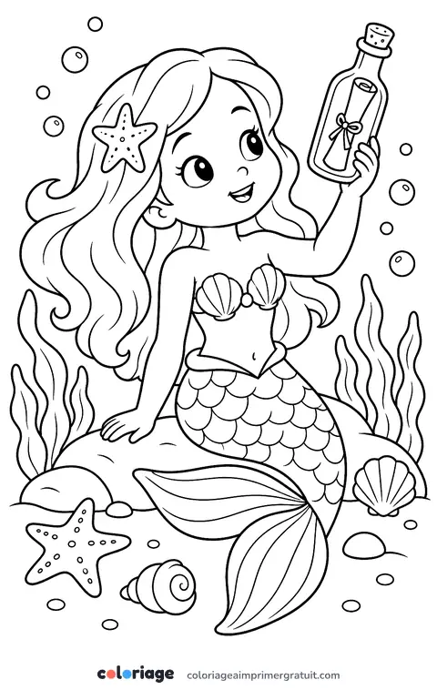 Coloriage sirène et la bouteille à la mer