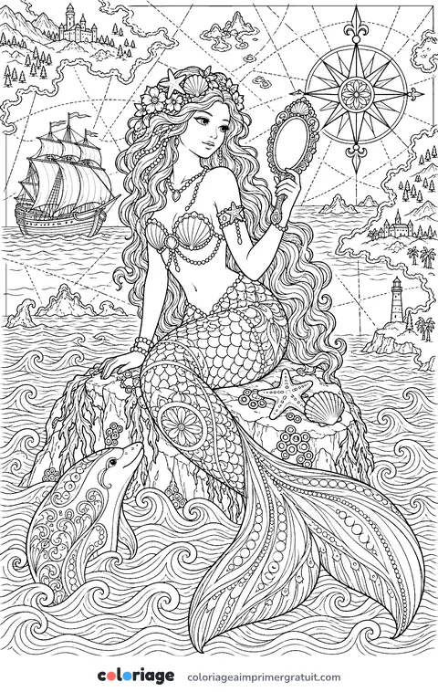 Coloriage sirène sur une carte ancienne