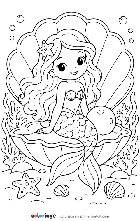 Coloriage sirène dans son coquillage