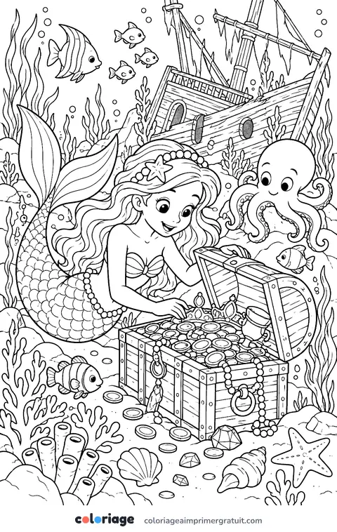 Coloriage sirène et l’épave au trésor