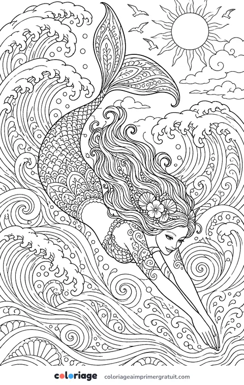 Coloriage sirène dans les grandes vagues