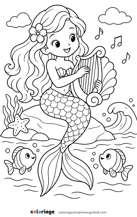 Coloriage sirène musicienne