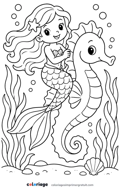 Coloriage sirène sur un hippocampe