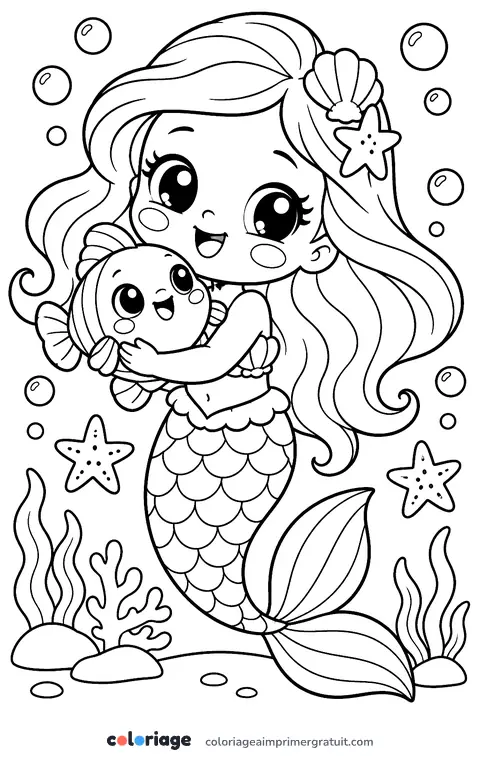 Coloriage sirène kawaii