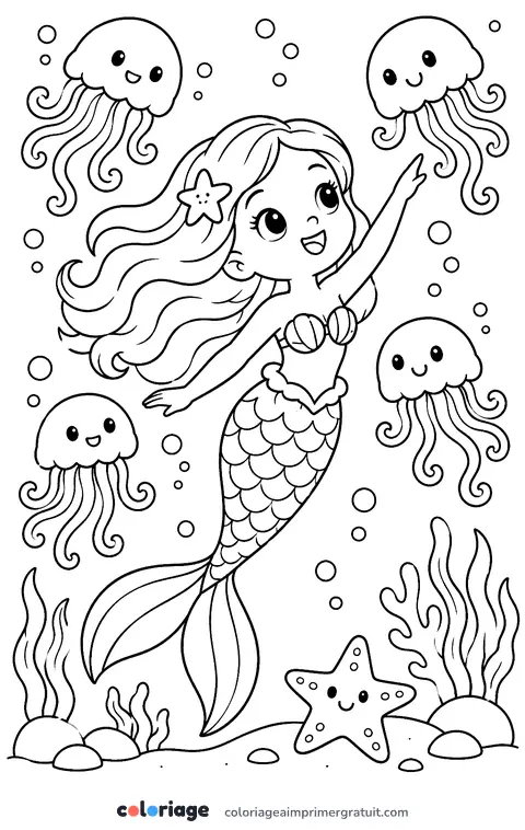 Coloriage sirène et les méduses