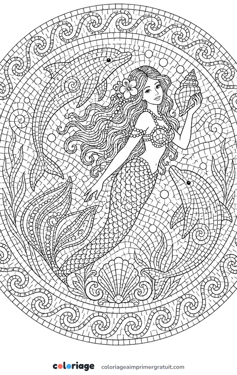 Coloriage sirène en mosaïque