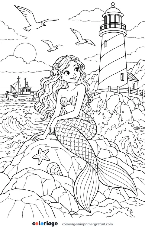 Coloriage sirène près du phare