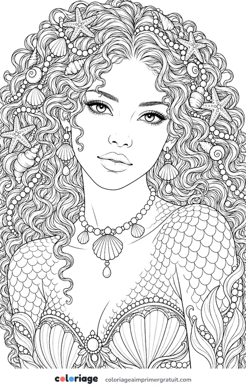 Coloriage portrait réaliste de sirène