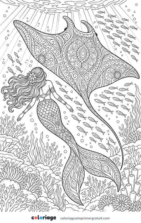 Coloriage sirène et la raie manta