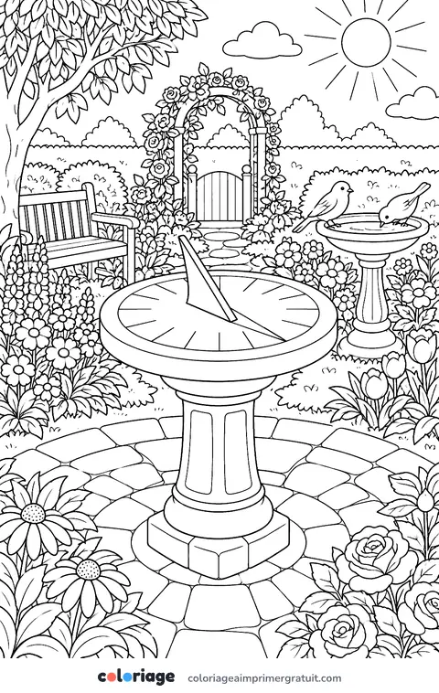 Coloriage cadran solaire au jardin