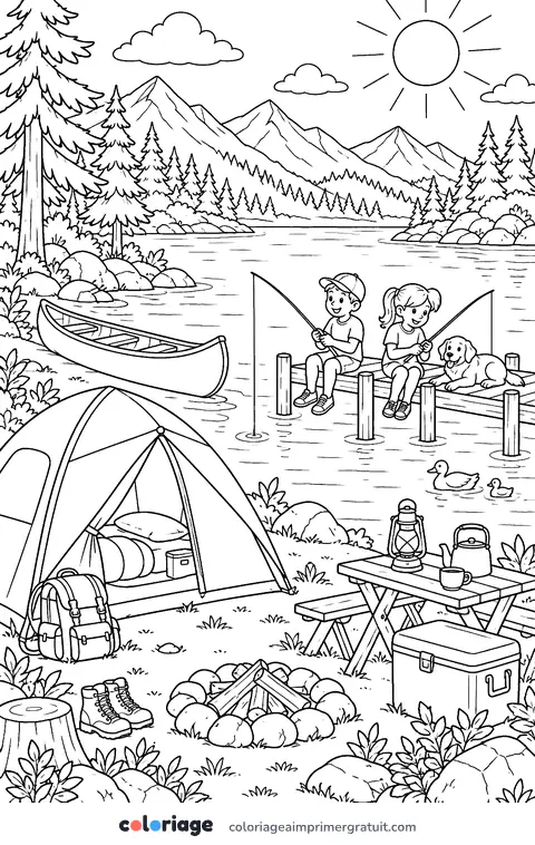 Coloriage camping au bord du lac