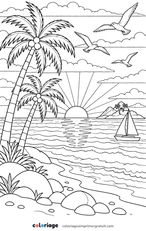 Coloriage coucher de soleil sur la mer