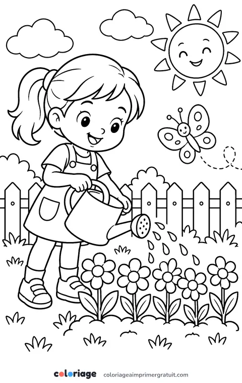 Coloriage arroser le jardin au soleil
