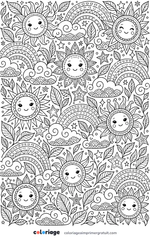 Coloriage motif soleils et nuages