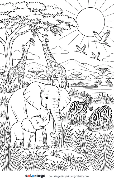 Coloriage soleil sur la savane