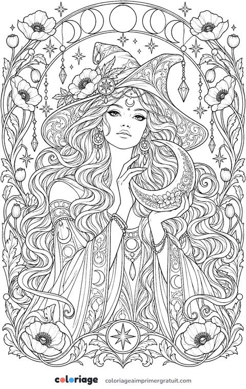 Coloriage sorcière Art nouveau