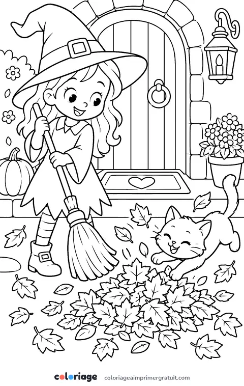 Coloriage sorcière qui balaie