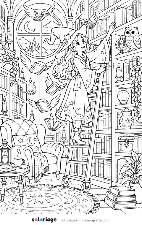 Coloriage bibliothèque de la sorcière