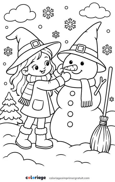 Coloriage sorcière et bonhomme de neige