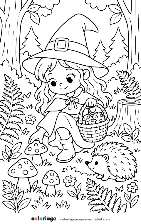 Coloriage cueillette aux champignons
