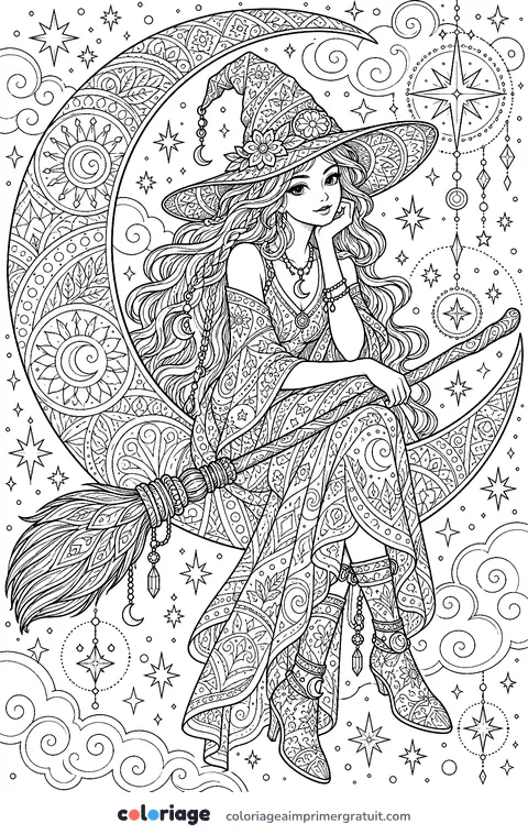 Coloriage sorcière sur la lune zentangle