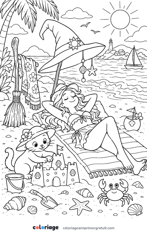 Coloriage sorcière en vacances