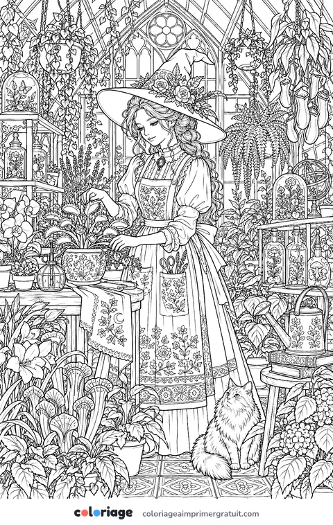 Coloriage sorcière dans sa serre