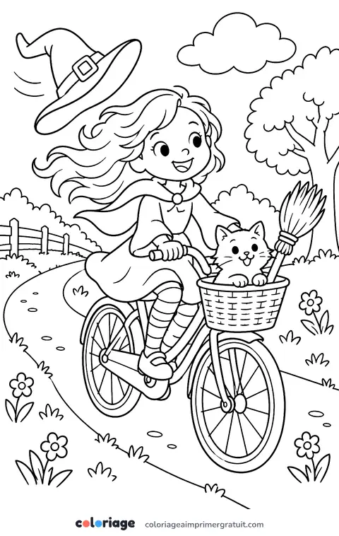 Coloriage sorcière à vélo