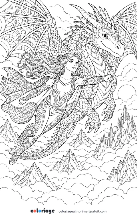 Coloriage héroïne et son dragon
