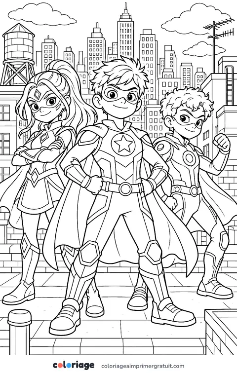 Coloriage équipe de super-héros sur les toits