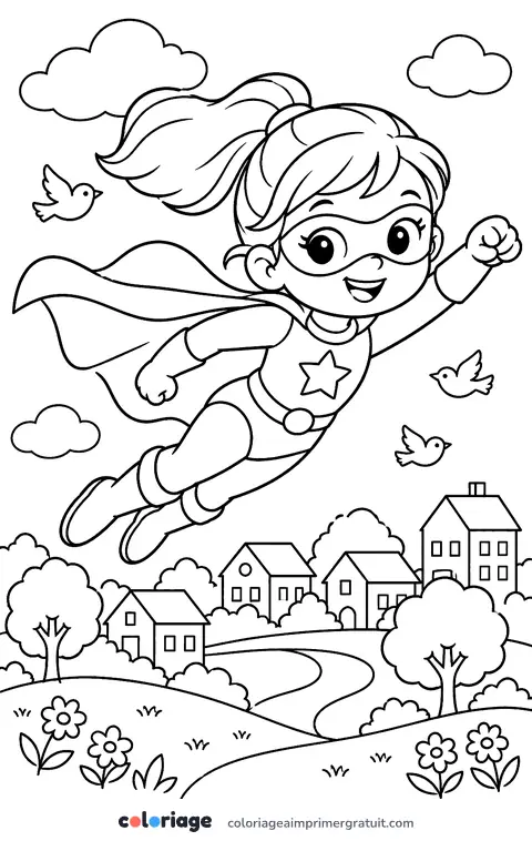 Coloriage héroïne au-dessus de la ville