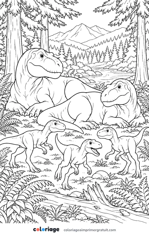 Coloriage famille de tyrannosaures