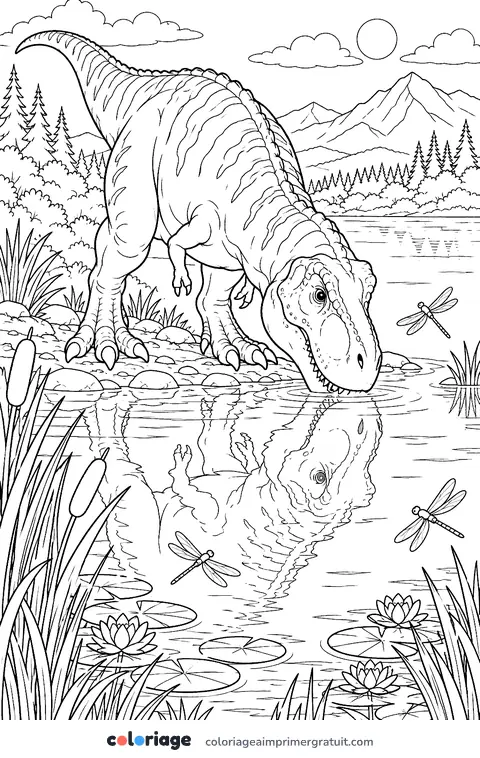 Coloriage t-rex au bord du lac