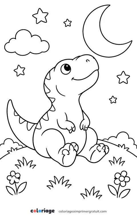 Coloriage t-rex au clair de lune