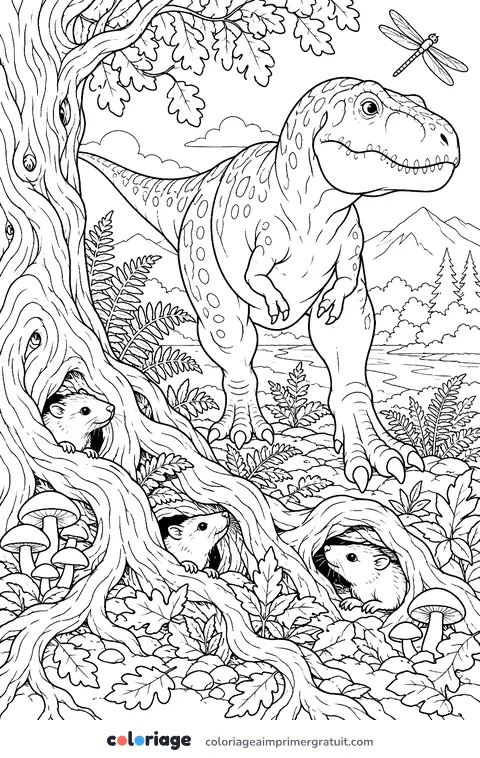 Coloriage t-rex et les petits mammifères