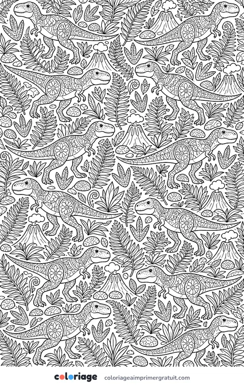 Coloriage motif T-rex et fougères
