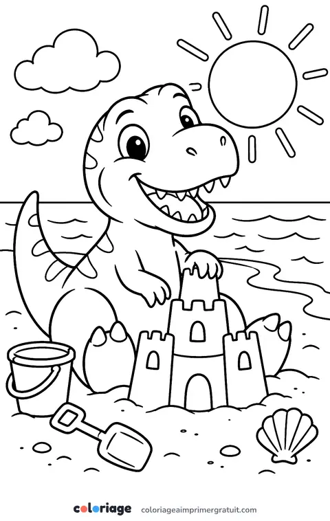 Coloriage t-rex au château de sable