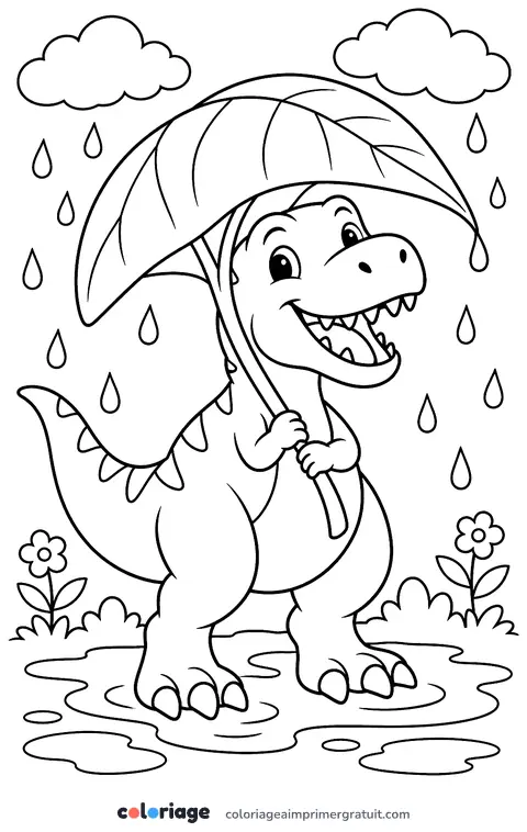 Coloriage t-rex sous la pluie