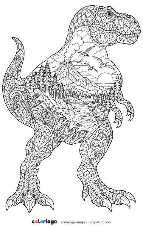 Coloriage t-rex paysage