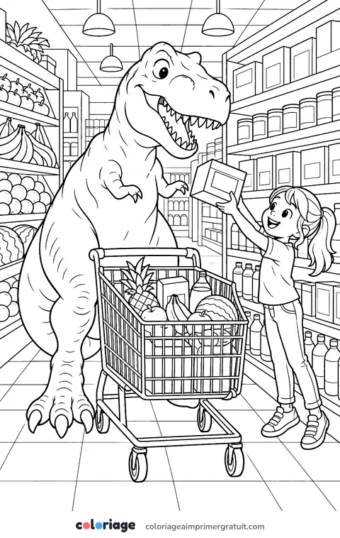 Coloriage t-rex au supermarché